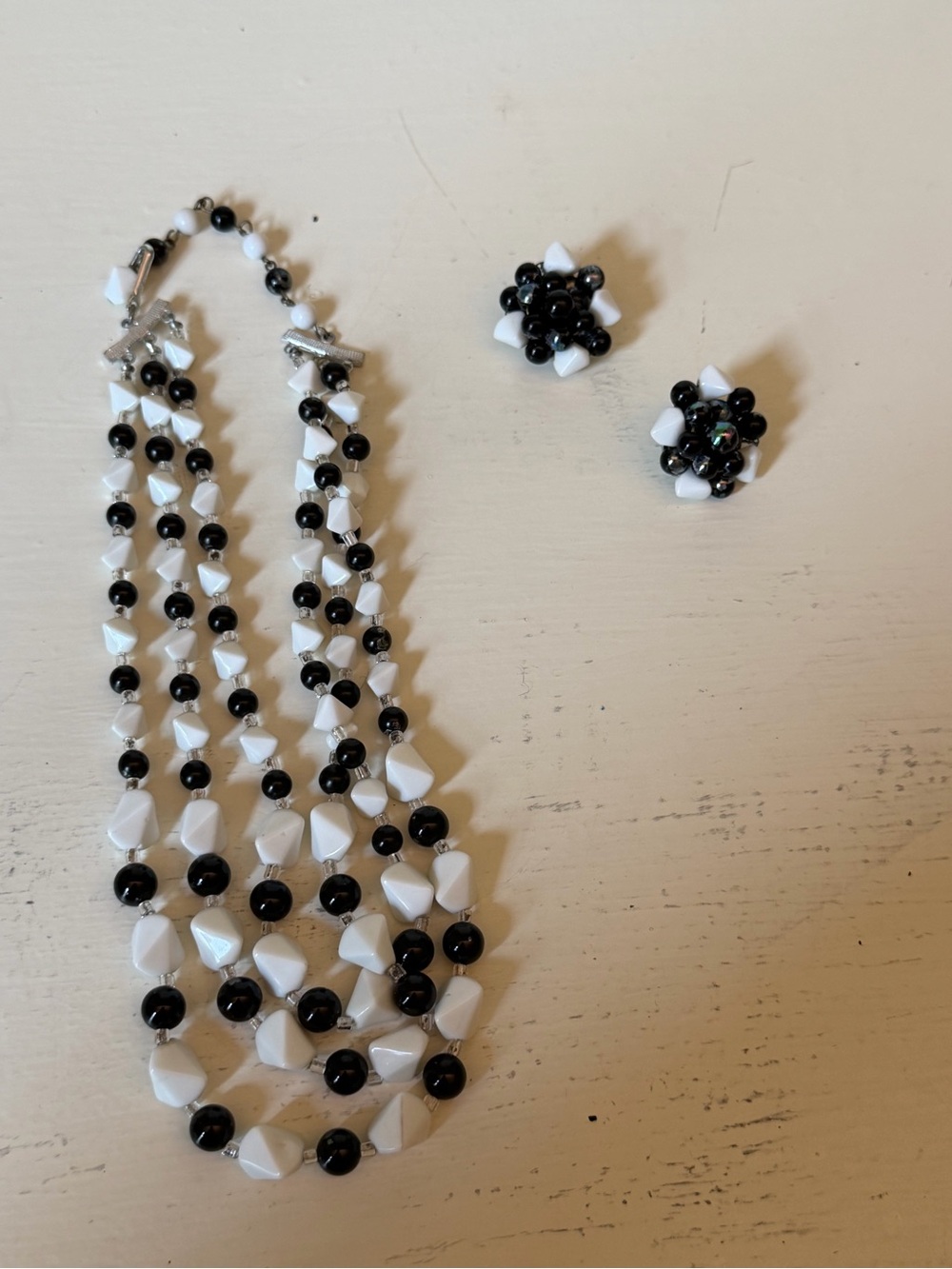 Antique Black & White Beaded Necklace and Clip-On Earrings Set